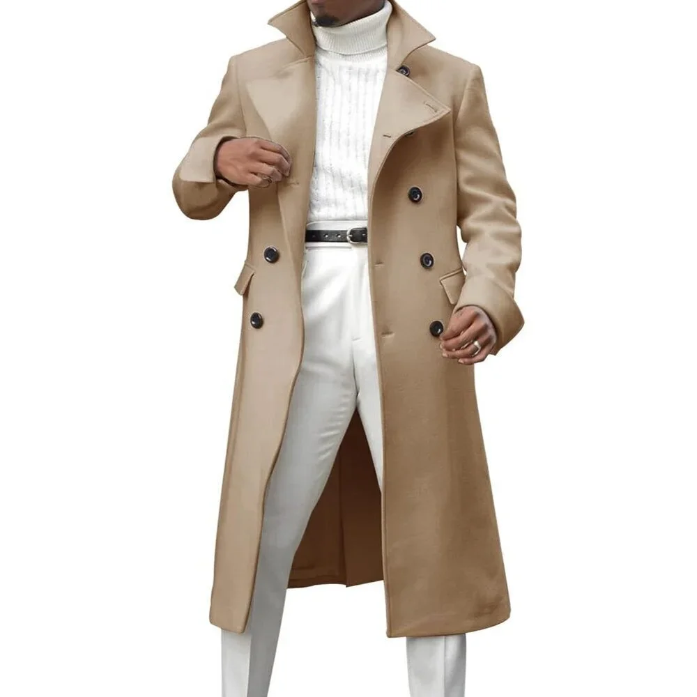 Men's Khaki Notch Lapel Double Breasted Long Trench Coat Cotton Blend Pea coat